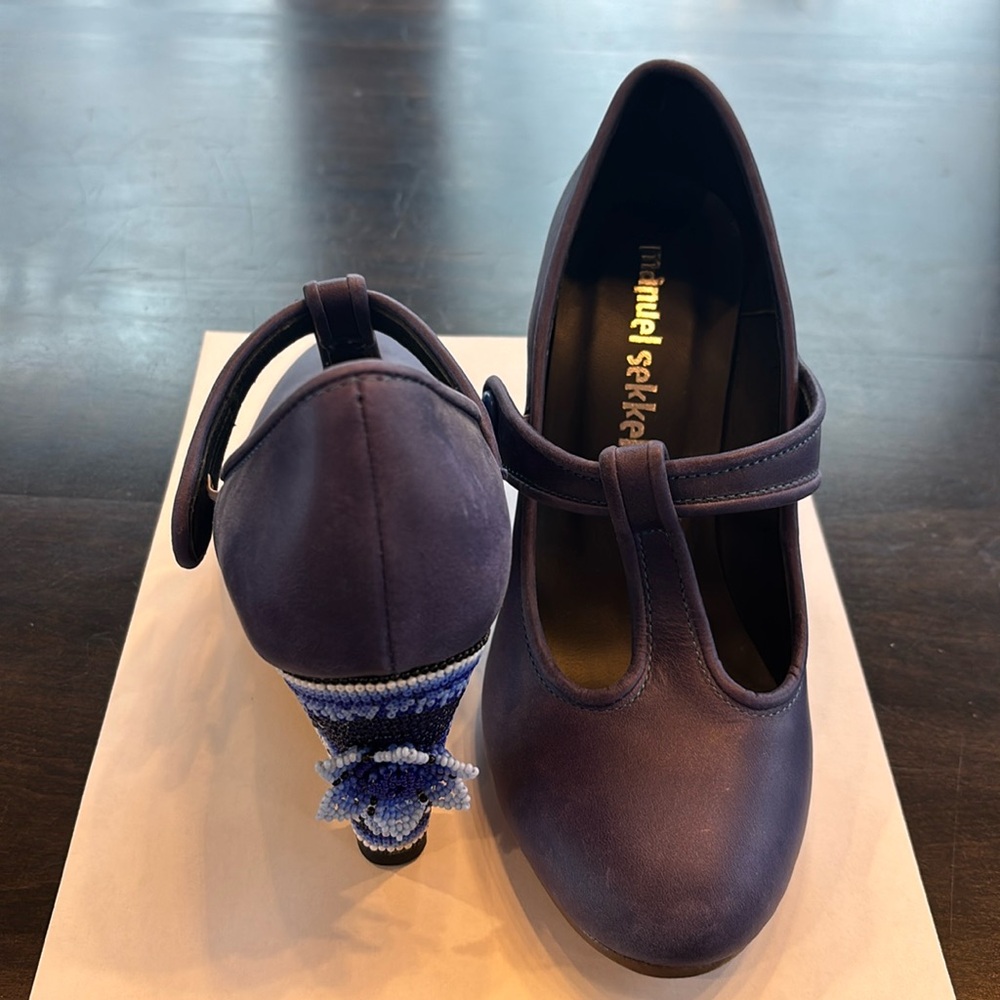 Hand beaded blue Mary Jane pumps